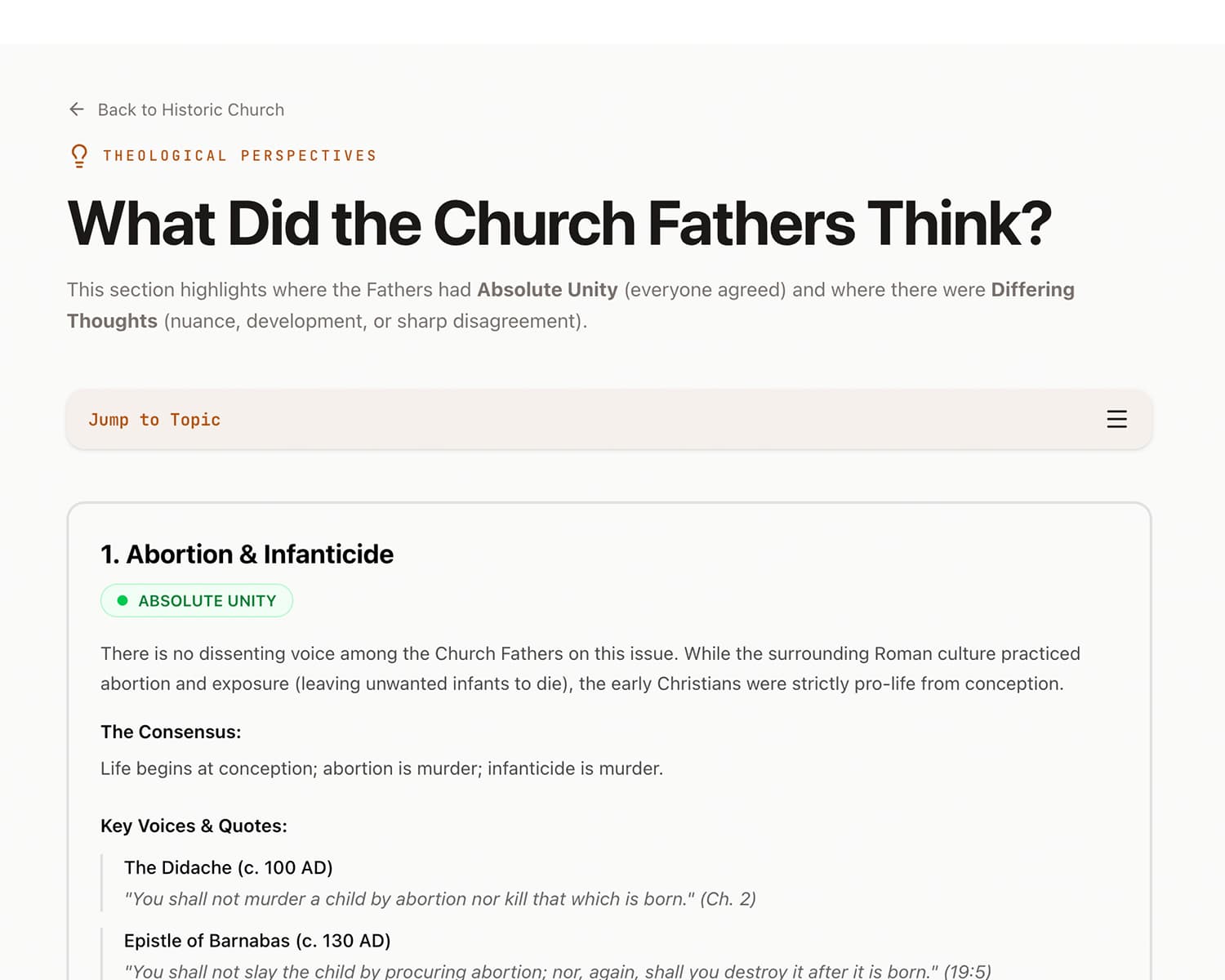 Church Fathers theological perspectives on 16 topics with early Christian viewpoints